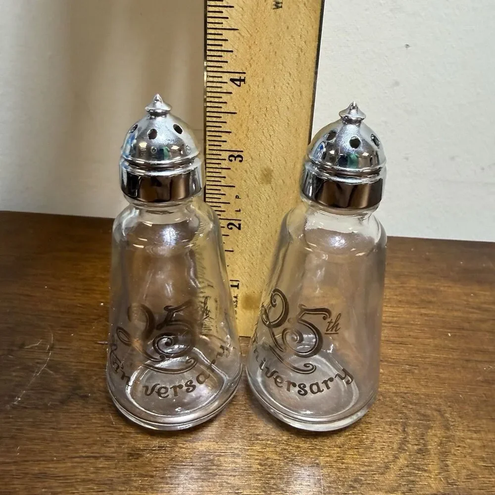 Vintage Lotus 25th Anniversary Salt And  Pepper Shakers Clear Glass Set